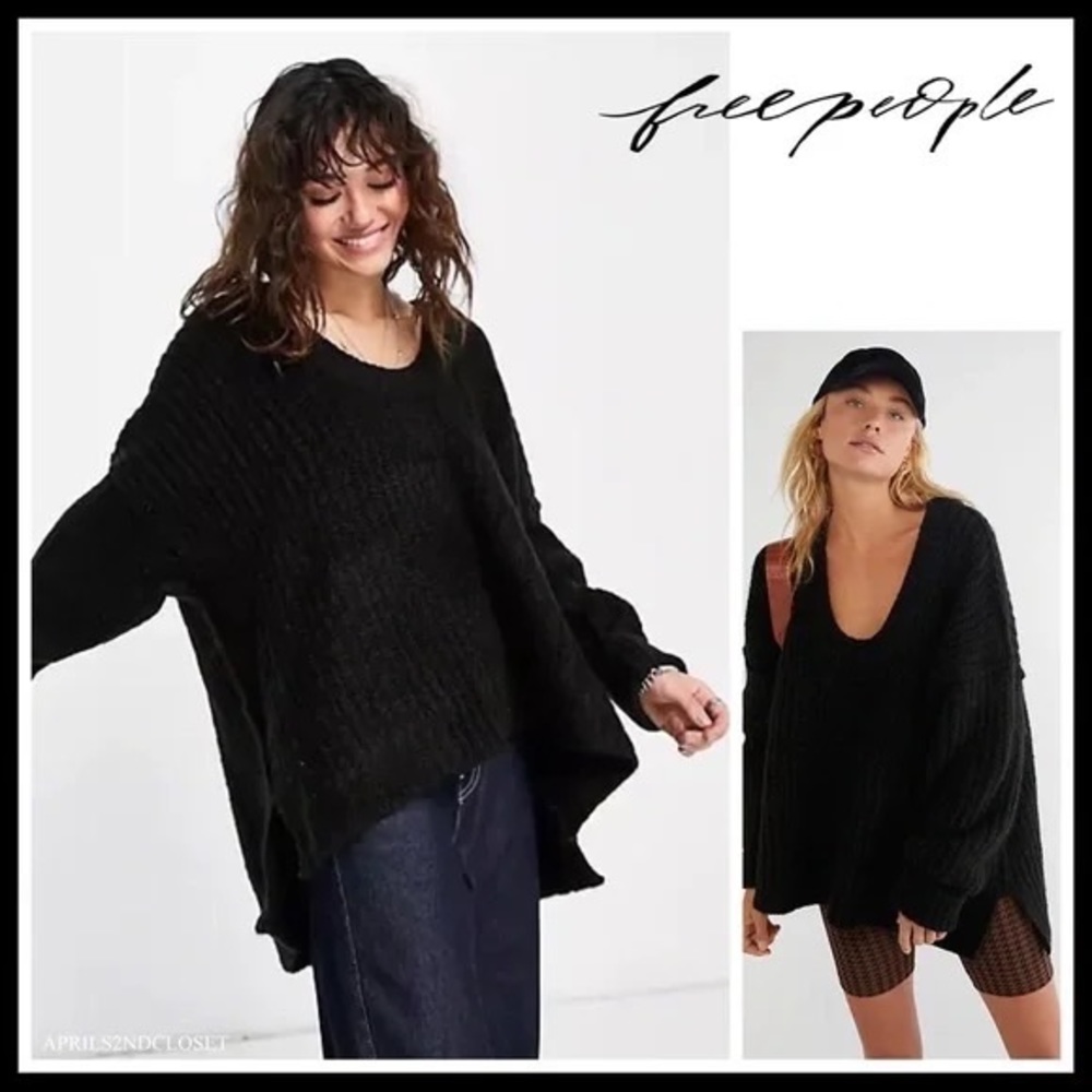 ❗️6-HOUR SALE❗️FREE PEOPLE BOHO SWEATER OVERSIZED COZY BLACK TUNIC PULLOVER A3C - Picture 4 of 13